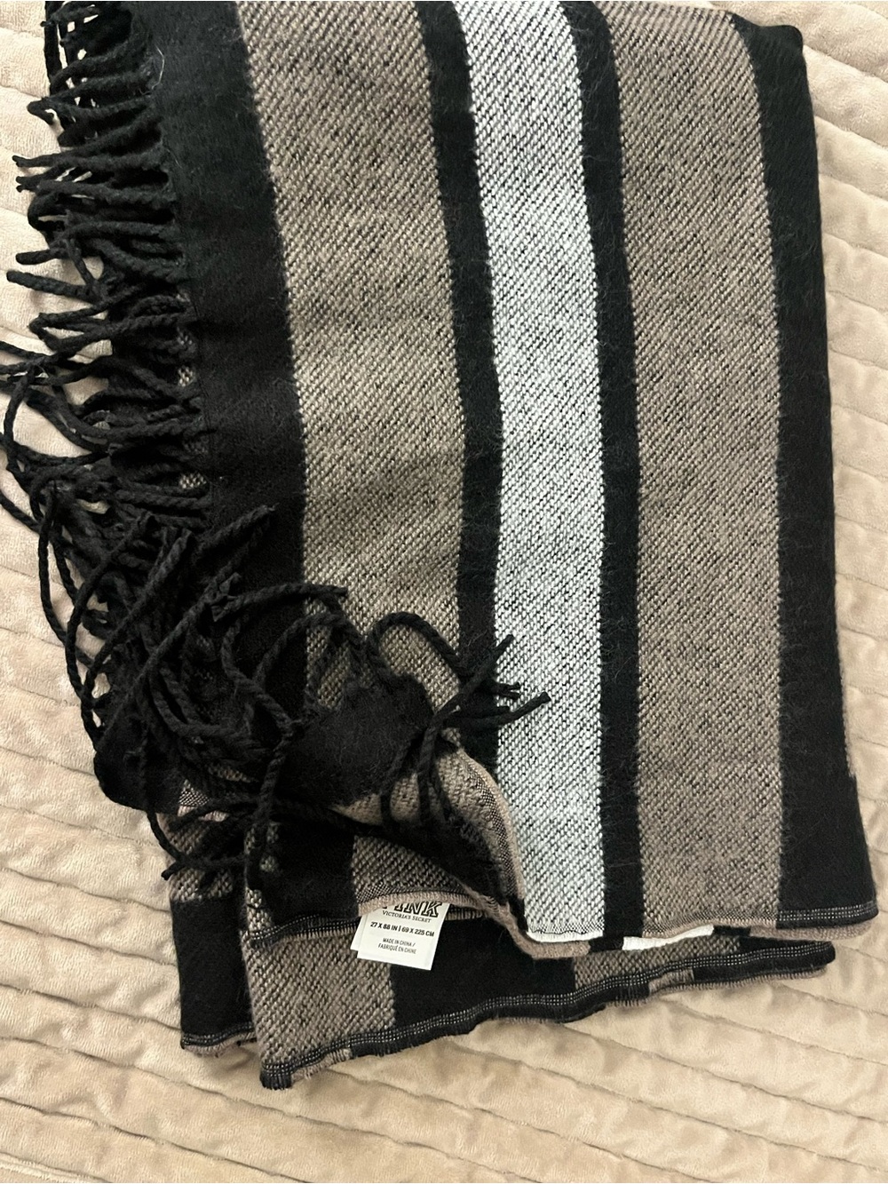 Striped Black and Tan Fringed Pink Victoria secret scarf/wrap